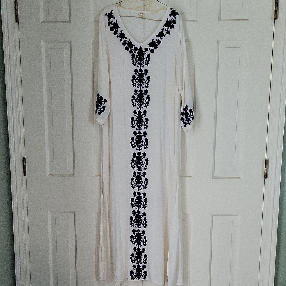 Womens Kaftan Coverup Maxi Long Sleeve Resort Wear Beachy Boho Embroidered Sz L